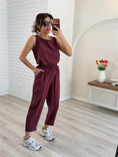 Tensel Kumaş Şalvar Pantolonlu Takım Bordo 