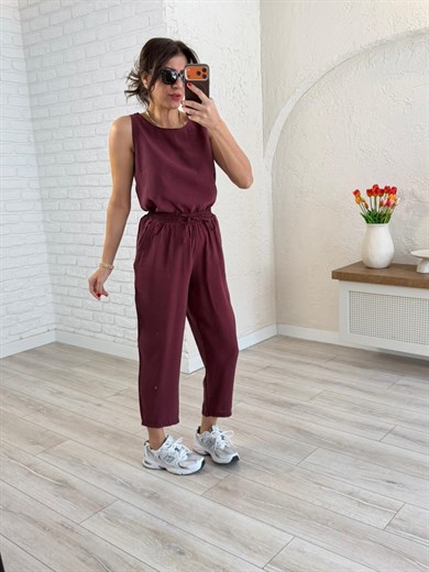 Tensel Kumaş Şalvar Pantolonlu Takım Bordo 