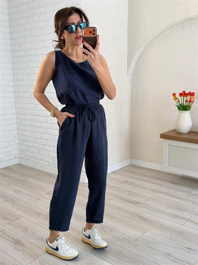 Tensel Kumaş Şalvar Pantolonlu Takım Lacivert