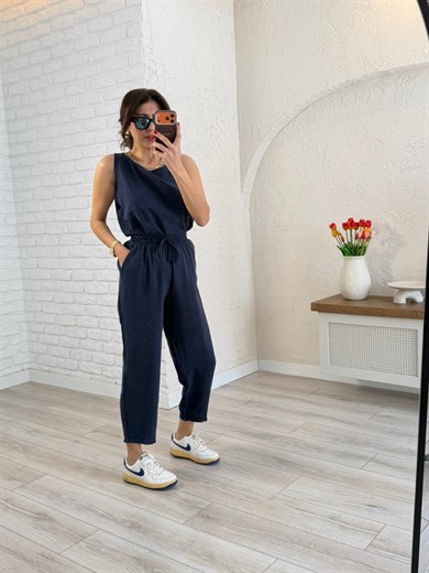 Tensel Kumaş Şalvar Pantolonlu Takım Lacivert