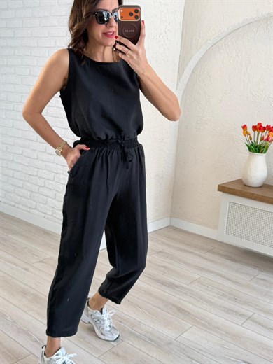 Tensel Kumaş Şalvar Pantolonlu Takım Siyah