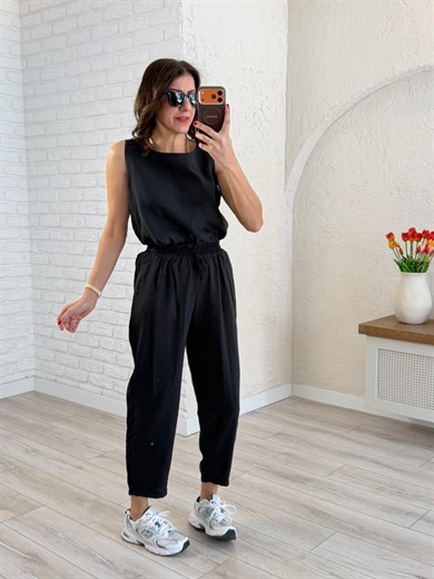 Tensel Kumaş Şalvar Pantolonlu Takım Siyah