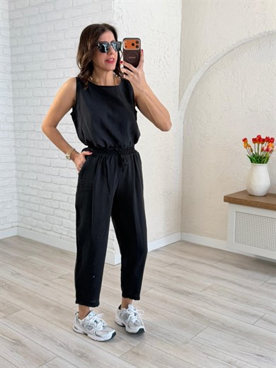 Tensel Kumaş Şalvar Pantolonlu Takım Siyah