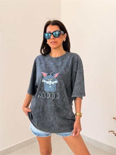 Tom Mood Baskılı Oversize Tişört Eskitme Antrasit