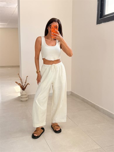 Triko Kroşe Crop Top Ham Ekru