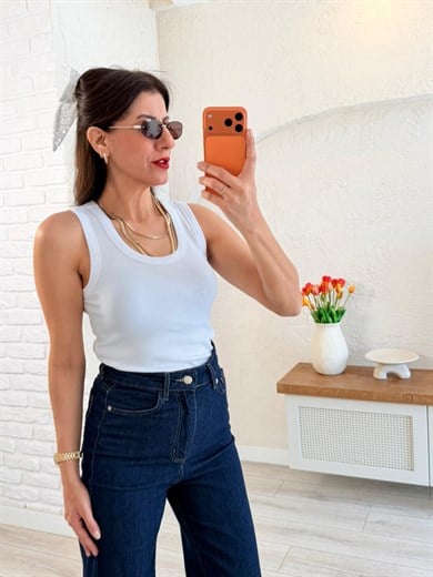 U Yaka Düz Basic Kalın Askılı Atlet  Beyaz