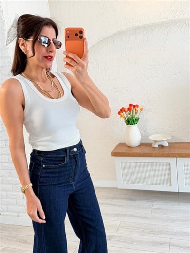 U Yaka Düz Basic Kalın Askılı Atlet Ekru