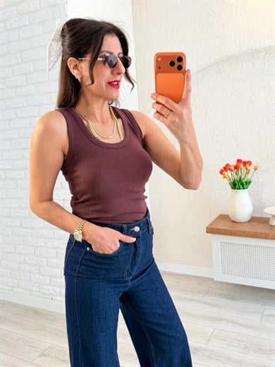 U Yaka Düz Basic Kalın Askılı Atlet  Kahve