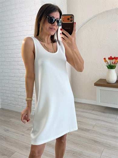 U Yaka Kalın Askılı Modal Elbise Ekru