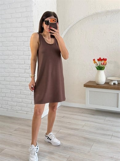 U yaka Kalın Askılı Modal Elbise Kahverengi 