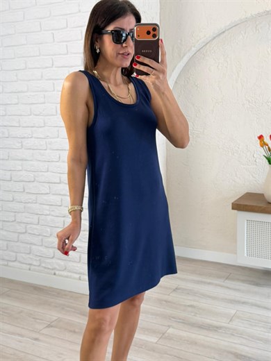 U Yaka Kalın Askılı Modal Elbise Lacivert 