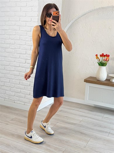 U Yaka Kalın Askılı Modal Elbise Lacivert 
