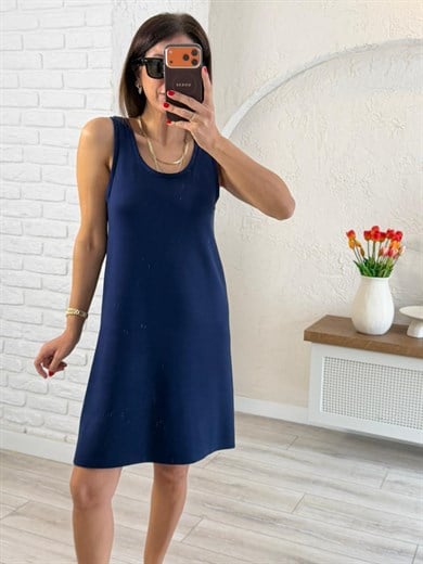 U Yaka Kalın Askılı Modal Elbise Lacivert 