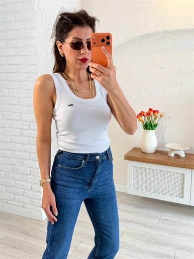 U Yaka Nakışlı Kalın Askılı Atlet Beyaz