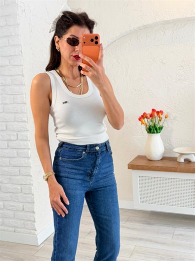 U Yaka Nakışlı Kalın Askılı Atlet Ekru