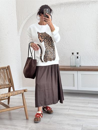 Üç İplik İri Leopar Baskılı Sweat Ekru