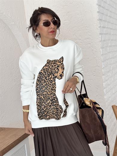Üç İplik İri Leopar Baskılı Sweat Ekru
