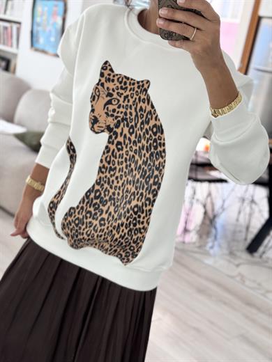 Üç İplik İri Leopar Baskılı Sweat Ekru