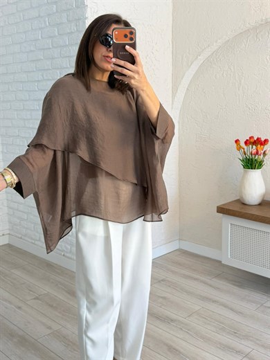 Uçuşan Pelerin Bluz Kahve