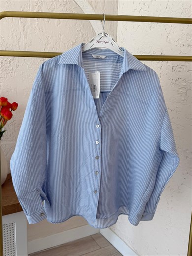 V Yaka Çizgili Gömlek Mavi