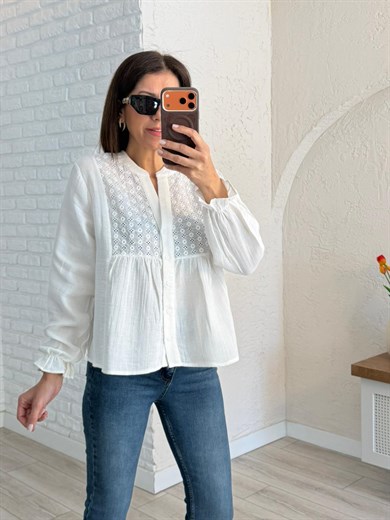 V Yaka Düğmeli Fistolu Bluz Ekru