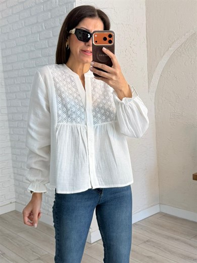 V Yaka Düğmeli Fistolu Bluz Ekru