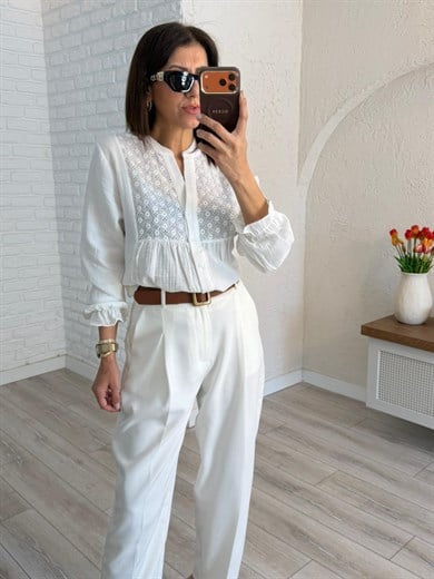 V Yaka Düğmeli Fistolu Bluz Ekru