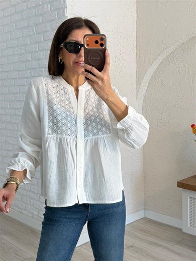 V Yaka Düğmeli Fistolu Bluz Ekru