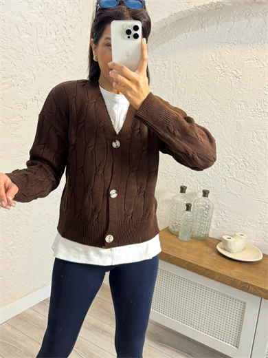 V Yaka Düğmeli Örgü Triko Hırka Kahve