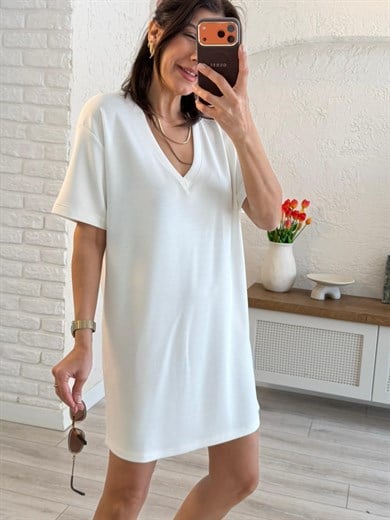 V yaka Modal Kumaş Dökümlü Elbise Beyaz