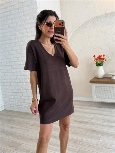 V yaka Modal Kumaş Dökümlü Elbise kahve 