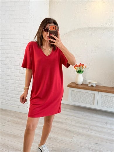 V Yaka Modal Kumaş Dökümlü Elbise Kırmızı