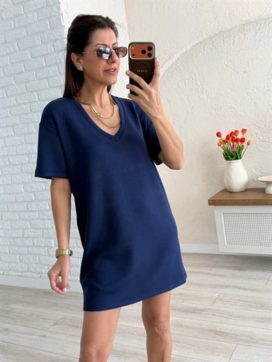V yaka Modal Kumaş Dökümlü Elbise lacivert 