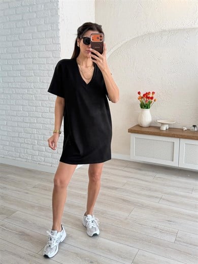 V yaka Modal Kumaş  Dökümlü  Elbise Siyah 