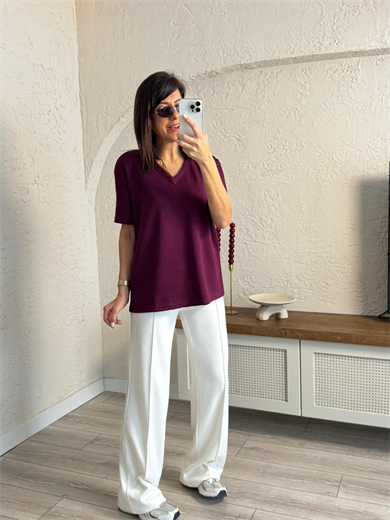 V Yaka Modal Kumaş Tişört Bordo