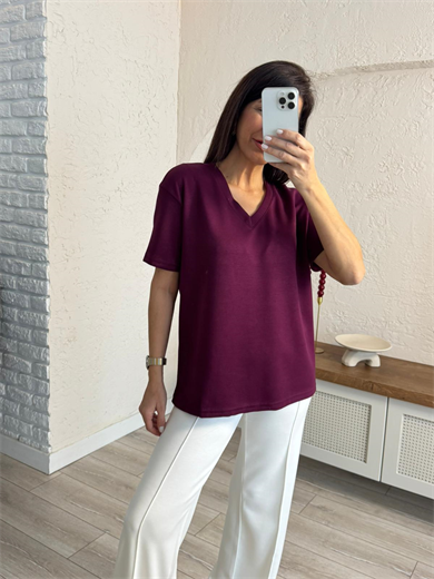 V Yaka Modal Kumaş Tişört Bordo