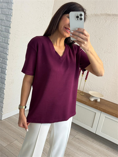 V Yaka Modal Kumaş Tişört Bordo