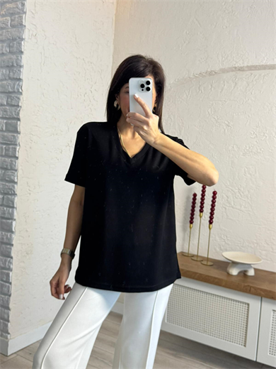 V Yaka Modal Kumaş Tişört Siyah