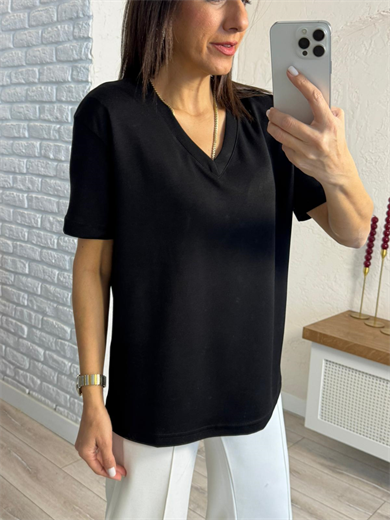 V Yaka Modal Kumaş Tişört Siyah
