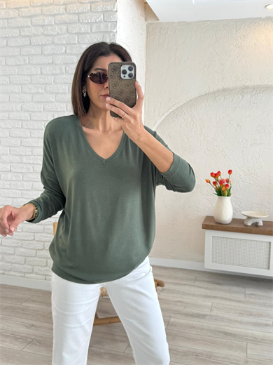 V Yaka Yumuşak Doku İnce Triko Haki