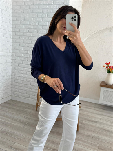 V Yaka Yumuşak Doku İnce Triko Lacivert