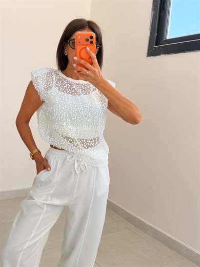 Vatkalı Payetli Atletli Bluz Ekru