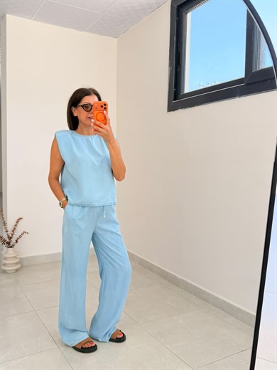 Vatkalı Tişört Tensel Kot Takım Açık Mavi
