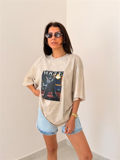 Vogue Kedi Baskılı Oversize Tişört Eskitme Taş