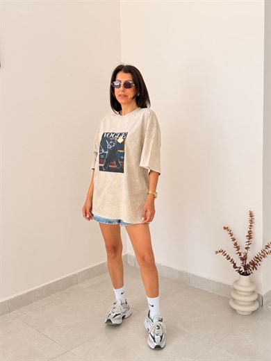 Vogue Kedi Baskılı Oversize Tişört Eskitme Taş