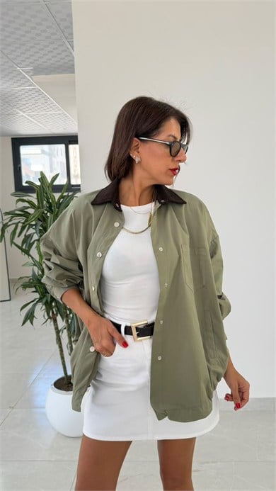 Yakası Kadife Ön Çıt Çıtlı Trenç Haki
