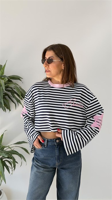 Yakası Pembe Geçişli Lacivert Çizgili Sweat-tişört