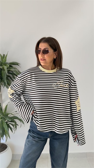 Yakası Sarı Geçişli Kahve Çizgili Sweat-tişör