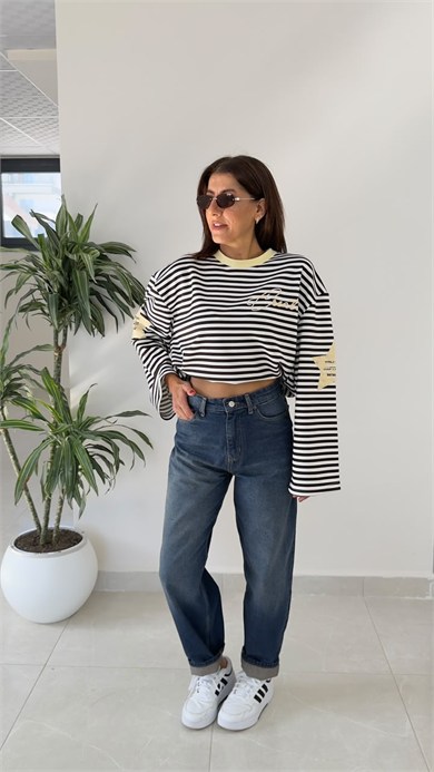 Yakası Sarı Geçişli Kahve Çizgili Sweat-tişör