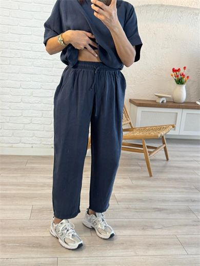 Yarasa Kol Tensel Keten Şalvar Pantolonlu Takım Lacivert